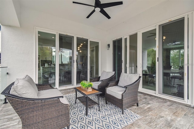 view of patio featuring a ceiling fan and an outdoor hangout area