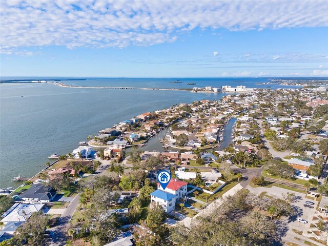 aerial view featuring a water view and a residential view