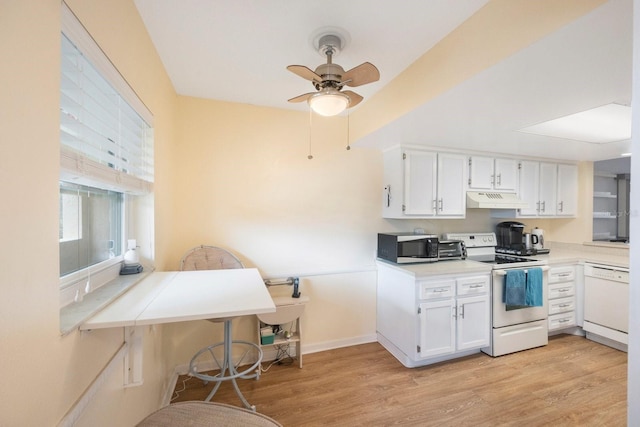 kitchen featuring white cabinetry, white appliances, ceiling fan, and light hardwood / wood-style flooring