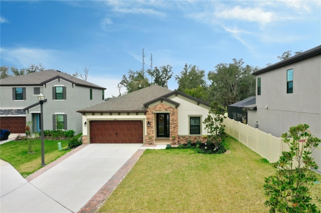 view of front facade featuring an attached garage, concrete driveway, a front yard, and fence