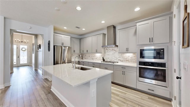 kitchen with an island with sink, sink, decorative backsplash, stainless steel appliances, and wall chimney range hood