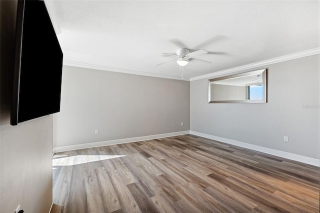 unfurnished room featuring crown molding, ceiling fan, and hardwood / wood-style floors