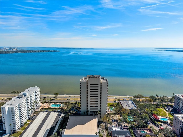 drone / aerial view with a water view