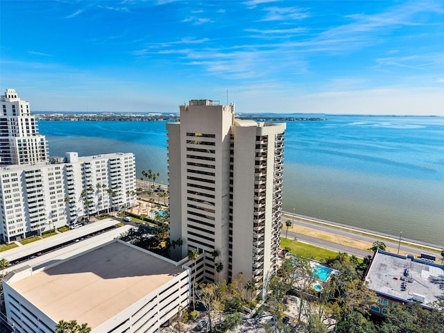 drone / aerial view featuring a water view