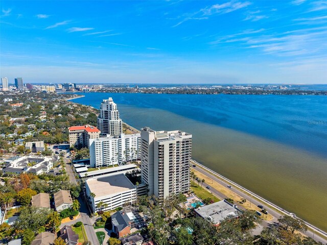 drone / aerial view with a water view