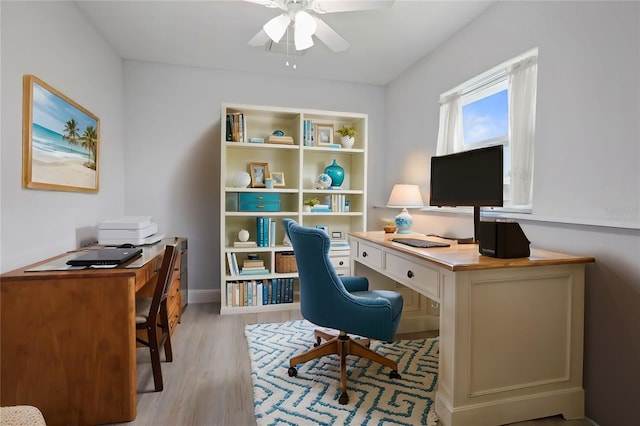 office with ceiling fan and light hardwood / wood-style flooring