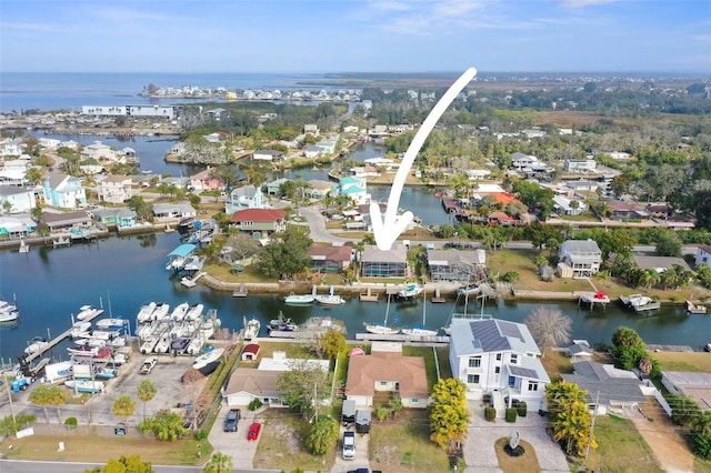 aerial view featuring a water view