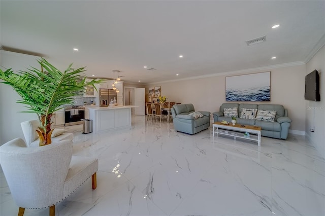 living room featuring ornamental molding