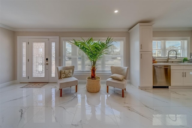 foyer featuring ornamental molding, sink, and a wealth of natural light