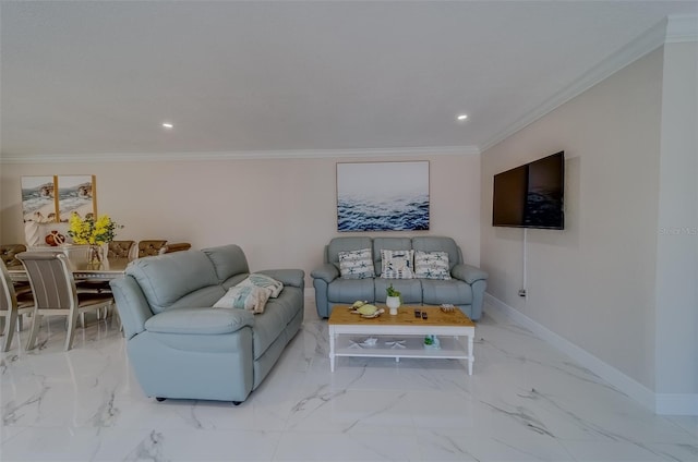 living room featuring crown molding