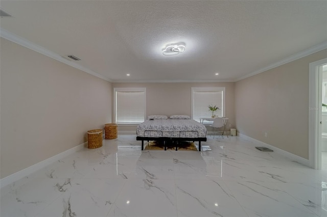 unfurnished bedroom with ornamental molding and a textured ceiling