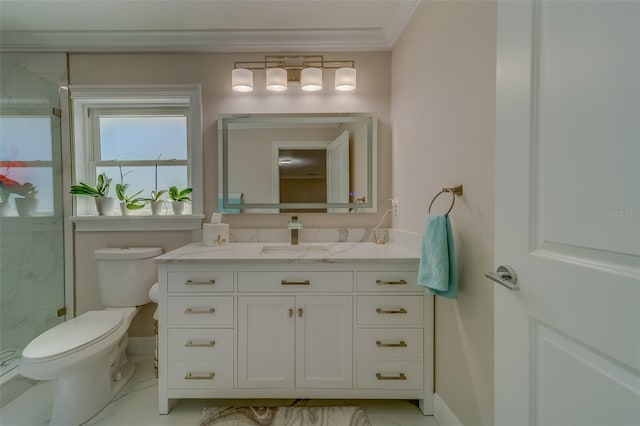 bathroom featuring vanity, crown molding, a shower with door, and toilet