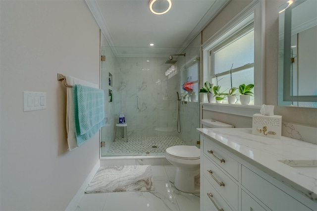 bathroom featuring vanity, a shower with shower door, ornamental molding, and toilet