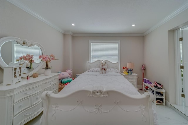 bedroom featuring ornamental molding and multiple windows