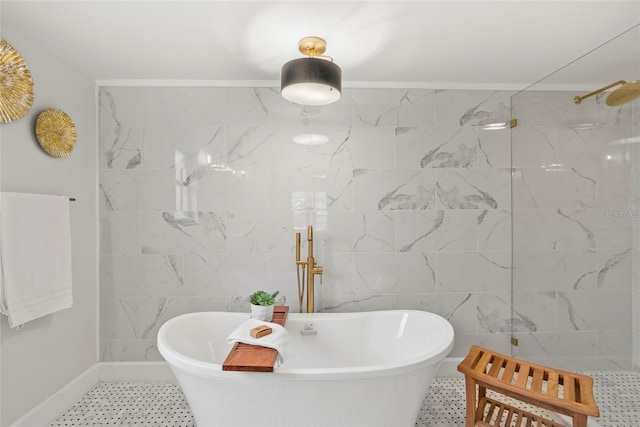 bathroom with crown molding, plus walk in shower, tile patterned flooring, and tile walls