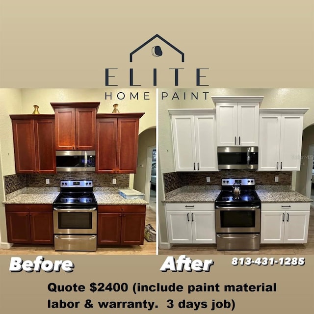 kitchen featuring tasteful backsplash, white cabinetry, and appliances with stainless steel finishes