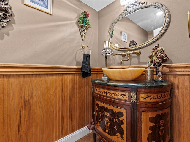 bathroom featuring vanity and wooden walls