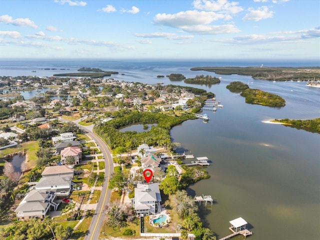 drone / aerial view featuring a water view