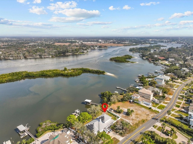 drone / aerial view featuring a water view