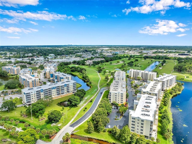 bird's eye view with a water view and a view of city