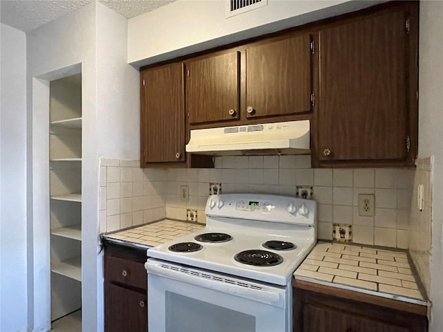 kitchen featuring tasteful backsplash, dark brown cabinets, a textured ceiling, and white range with electric cooktop