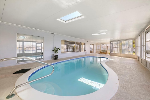 view of swimming pool featuring a skylight