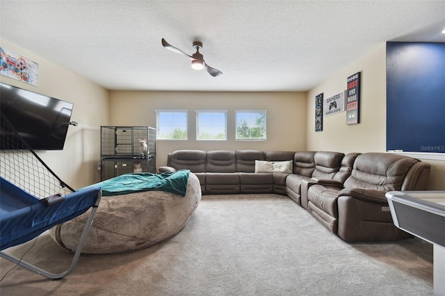 living room featuring ceiling fan, carpet, and a textured ceiling