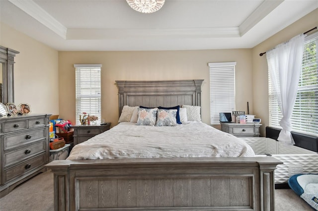 carpeted bedroom featuring crown molding and a tray ceiling