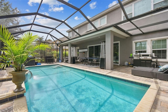 view of pool with an outdoor living space, a lanai, a patio, and pool water feature