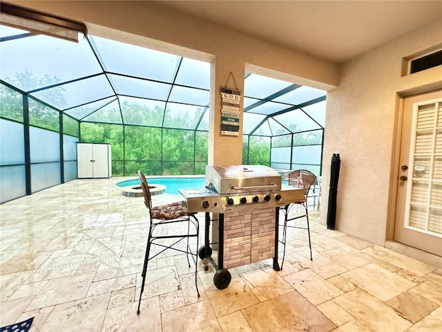 view of patio / terrace featuring a swimming pool with hot tub, grilling area, and glass enclosure