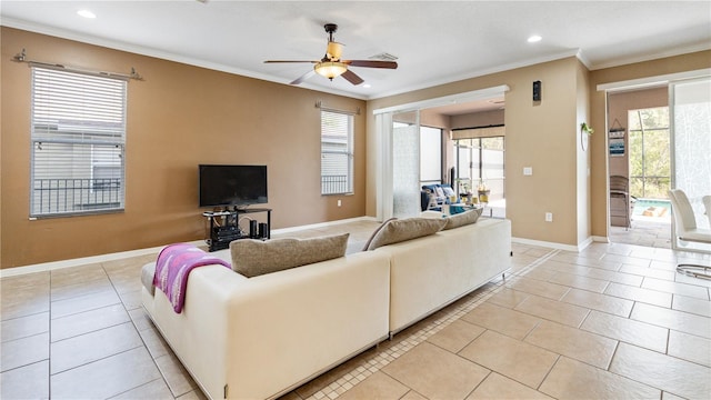 4110 Huntingdale Ct, Wesley Chapel, FL 33543 - living room with ornamental molding, ceiling fan, light tile patterned floors, recessed lighting, and baseboards