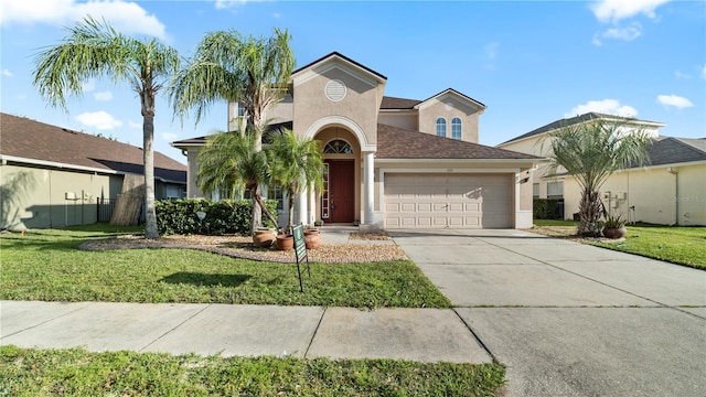 4110 Huntingdale Ct, Wesley Chapel, FL 33543 - view of front facade featuring an attached garage, stucco siding, a front yard, and concrete driveway