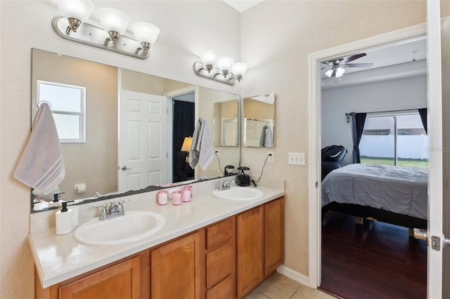 bathroom with vanity, tile patterned floors, and ceiling fan