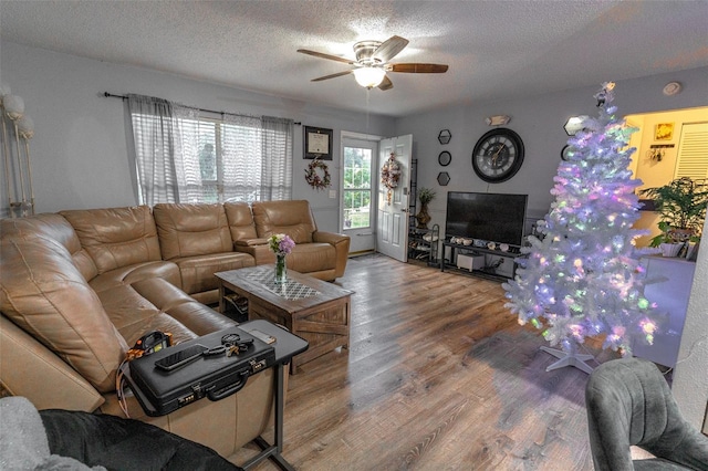 living room featuring hardwood / wood-style flooring, ceiling fan, and a textured ceiling