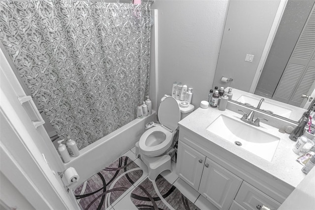 full bathroom featuring vanity, shower / tub combo, tile patterned floors, and toilet