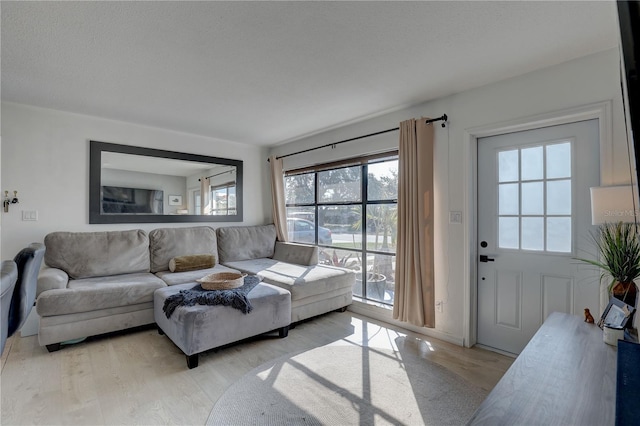 living room featuring a textured ceiling and light hardwood / wood-style flooring