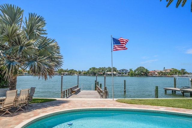 view of pool featuring a water view and a boat dock