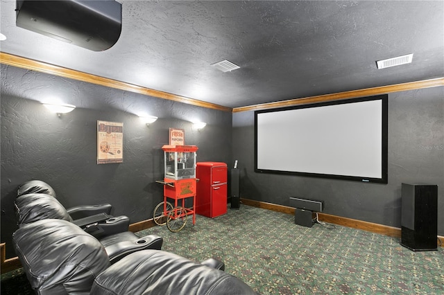 carpeted cinema with a textured ceiling