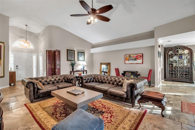 living room with ceiling fan and high vaulted ceiling