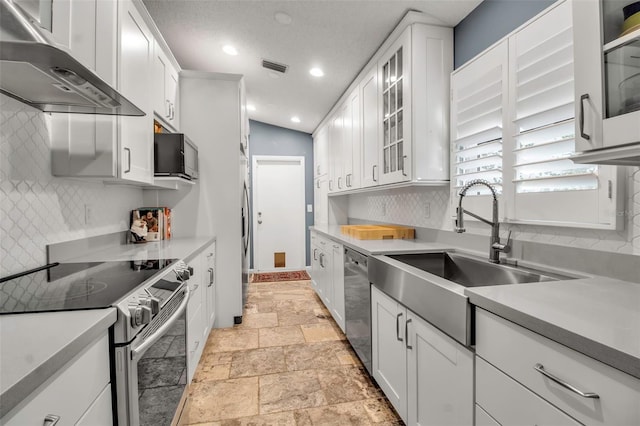 kitchen featuring white cabinetry, appliances with stainless steel finishes, sink, and wall chimney range hood