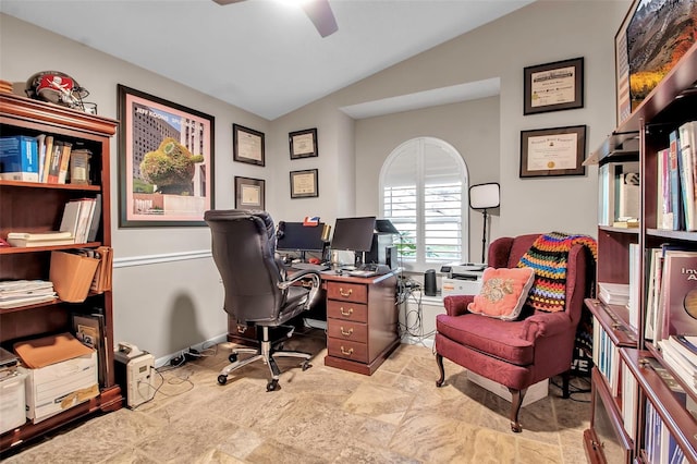 office area with vaulted ceiling and ceiling fan