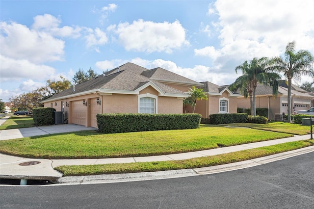 single story home featuring a front yard and central AC unit