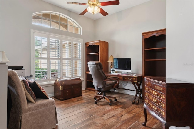 office featuring ceiling fan and wood-type flooring