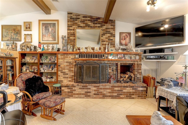 tiled living room with a brick fireplace and vaulted ceiling with beams