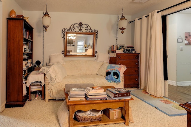 living room with a textured ceiling