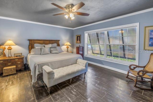 bedroom featuring ornamental molding, dark hardwood / wood-style floors, and ceiling fan