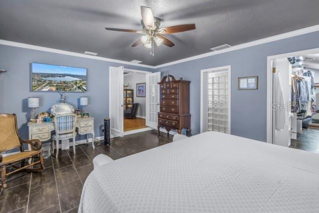 bedroom featuring ceiling fan and ornamental molding