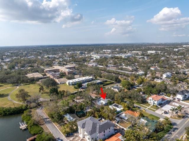 drone / aerial view with a water view