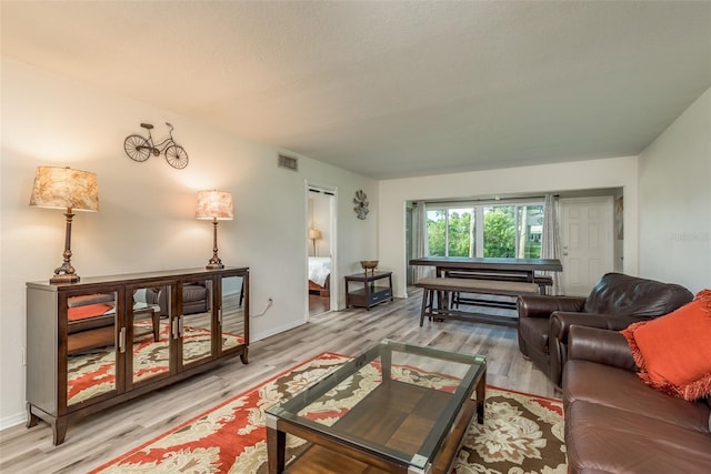 living room with hardwood / wood-style flooring and a textured ceiling