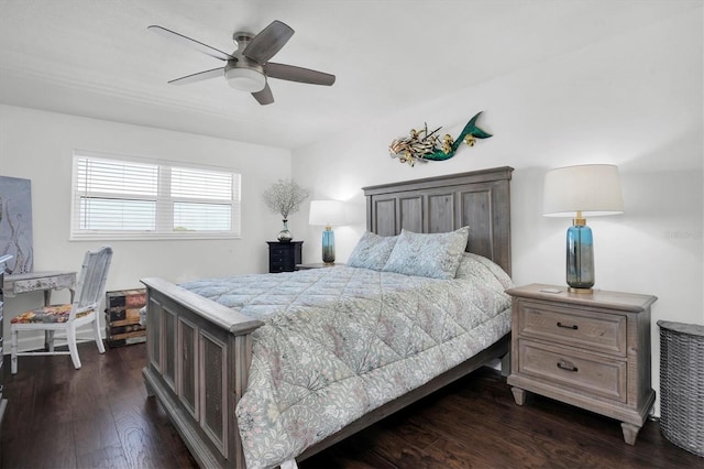 bedroom featuring dark hardwood / wood-style floors and ceiling fan